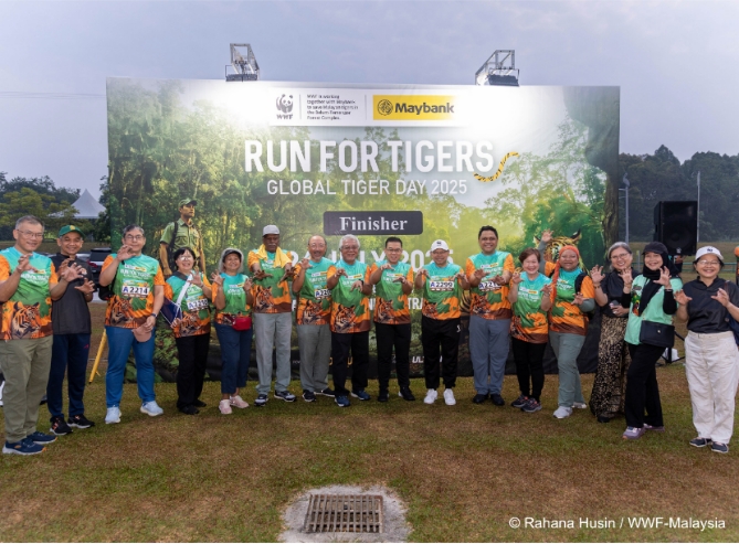 Datuk Dr. Ching Thoo A/L Kim, Secretary General of the Ministry of Natural Resources and Environmental Sustainability (NRES); Tan Sri Dato’ Sri Ir. Zamzamzairani Mohd Isa, Chairman of Maybank Group and Maybank Foundation; and Tan Sri Abdul Wahid Omar, Chairman of WWF-Malaysia, flagging off the Run For Tigers 2025